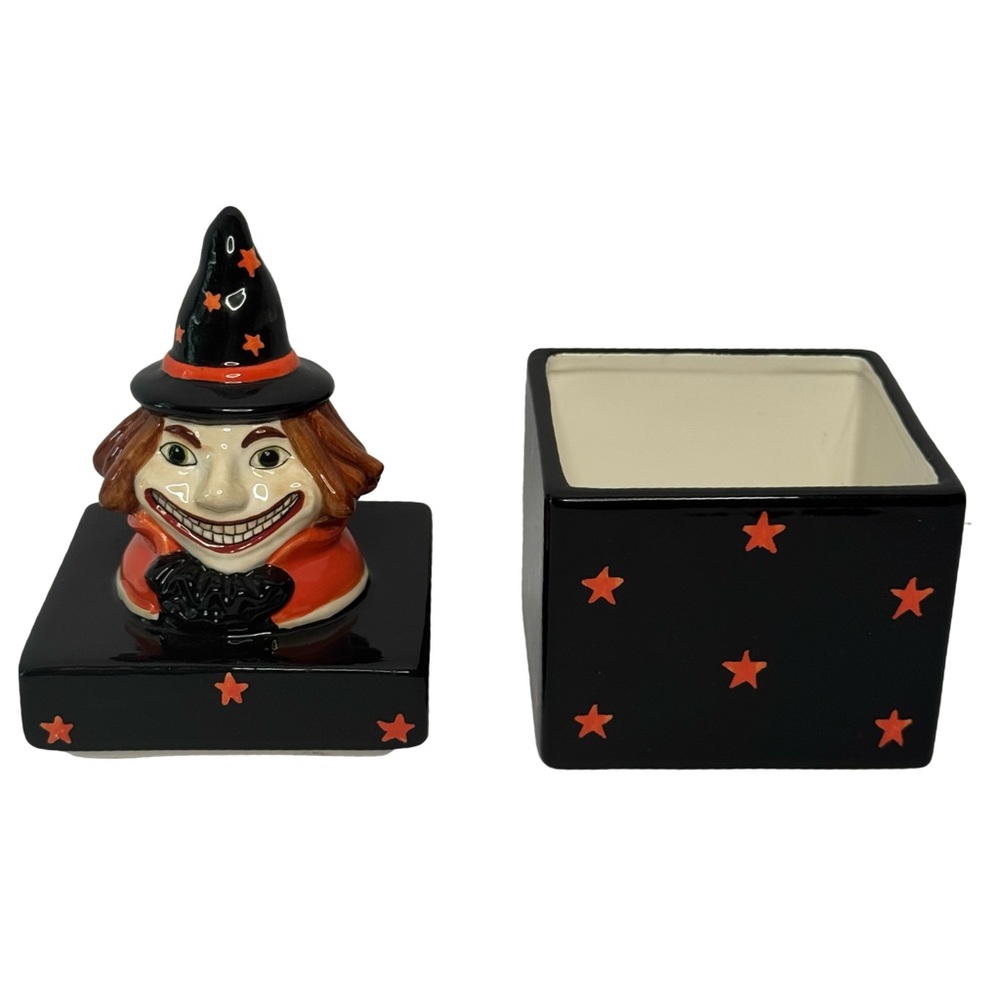 Pacific Rim Vintage Halloween Witch Clown Ceramic Covered Treat Jar Candy Box - Picture 2 of 16